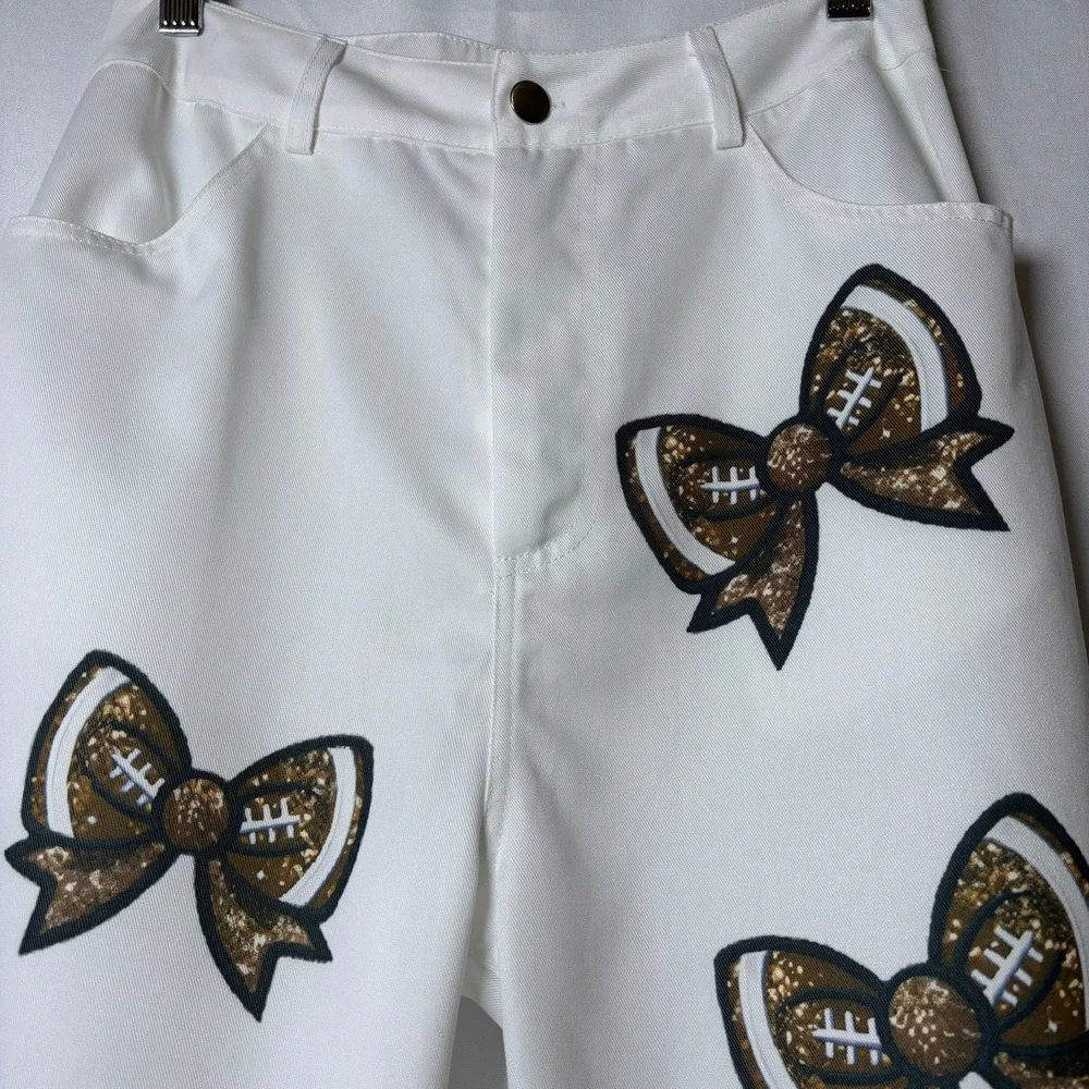 Football Bow Wide Leg Womens Sz. Small White Fringe Gameday‎ Pants